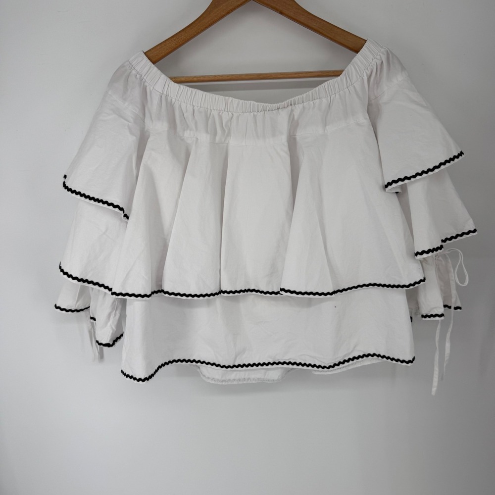 English Factory Ruffle Top‎ Womens L White Ric Rac Off Shoulder Tie Sleeve - Picture 2 of 8